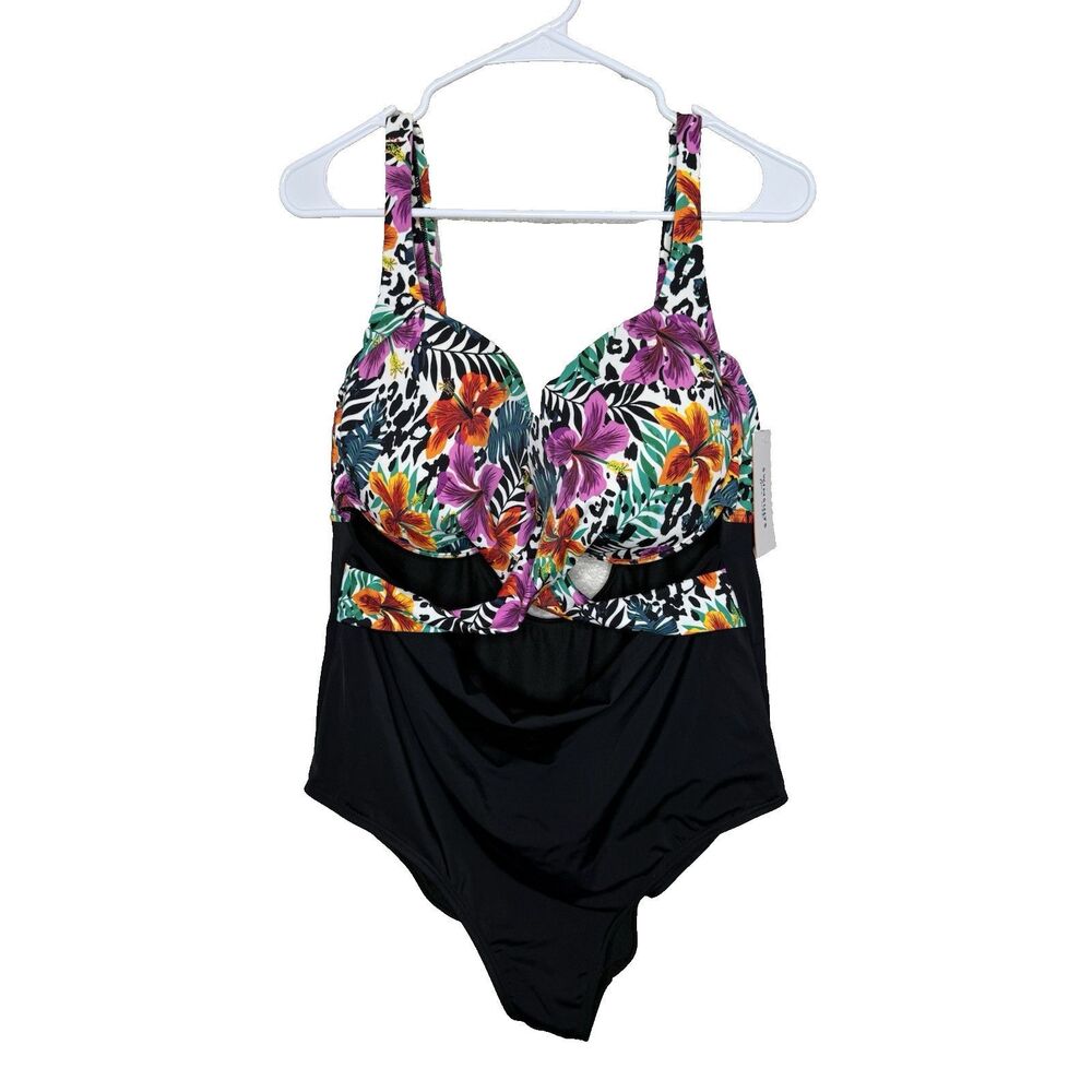 Swimsuits for All Womens 22 Underwire Tropical One Piece Swim Bra Cutouts NEW